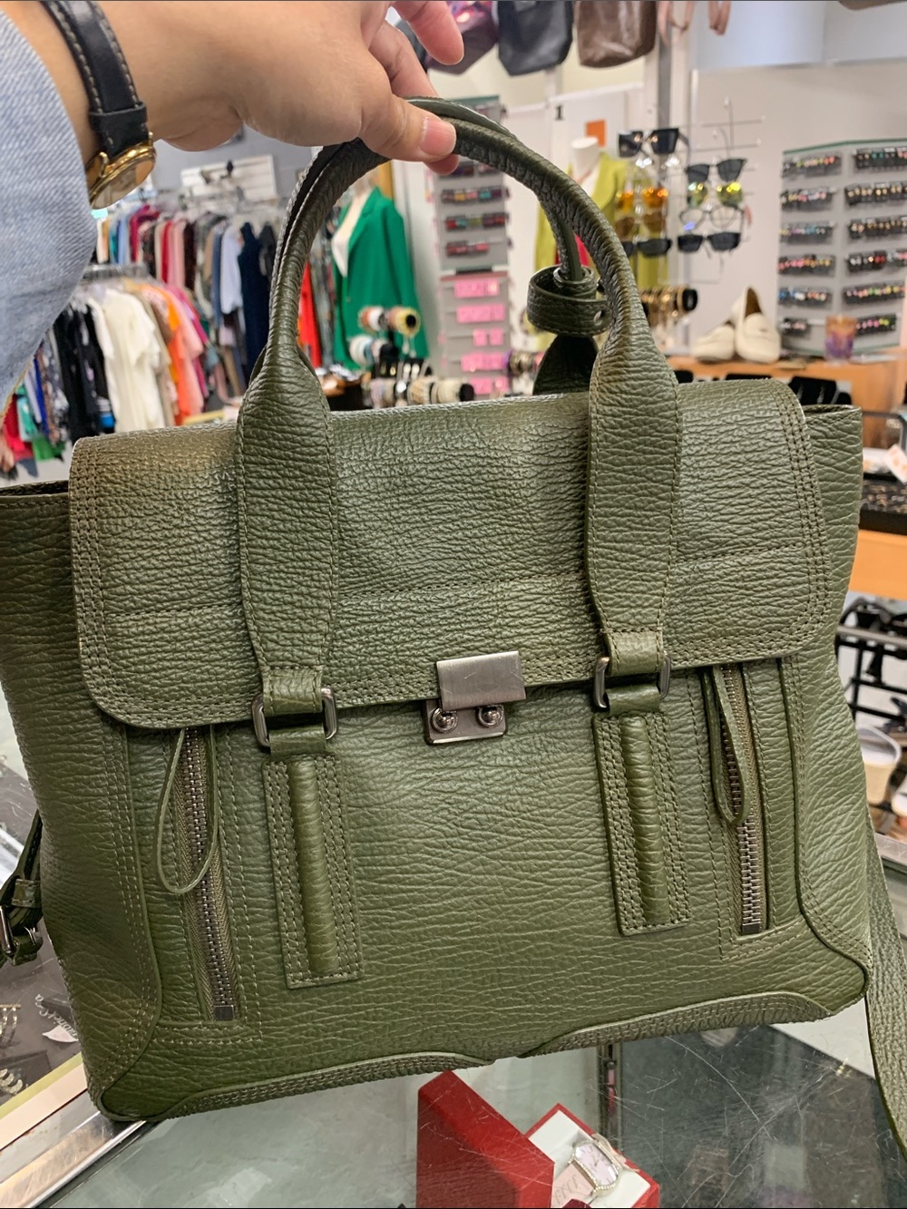 3.1 Phillip Lim Olive Green Textured Leather Tote